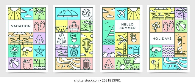 Colorful summer season poster set. Modern art design with icons for ads, banner, cover, label, poster, sales. Vector illustration in minimalistic line style.