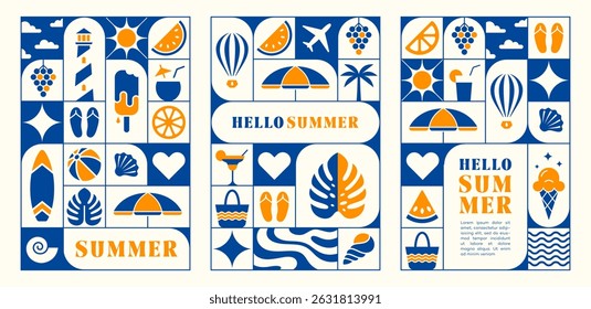 Colorful summer season poster set. Modern art design with icons for ads, banner, cover, label, poster, sales. Vector illustration in minimalistic style.