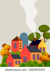 Colorful summer season in small town, tiny village view, residental houses vector illustration background. Beautiful green neighborhood, real estate development.