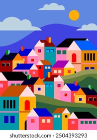 Colorida temporada de verano en la ciudad Pequeña, pequeña vista de la aldea, casas residenciales de fondo de Ilustración vectorial. Hermoso barrio verde, desarrollo inmobiliario.