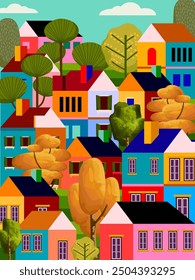 Colorful summer season in small town, tiny village view, residental houses vector illustration background. Beautiful green neighborhood, real estate development.