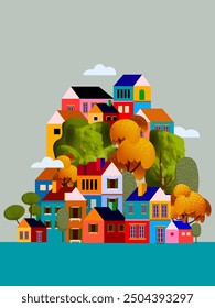 Colorful summer season in small town, tiny village view, residental houses vector illustration background. Beautiful green neighborhood, real estate development.