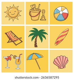Colorful Summer Season Vacation Icon Set. Bundling of Hand Drawn and Flat Design of Beach Items like Ball, Umbrella, Sand Bucket, and Starfish for Travel and Holiday Projects