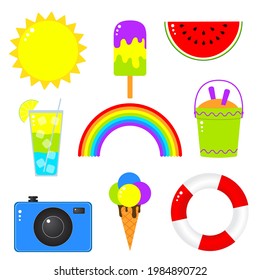 Colorful summer set of 9 icons. Vector illustration in flat style. Sun, rainbow, ice cream, flip flops, phono apparatus, lifebuoy, watermelon, cocktail.