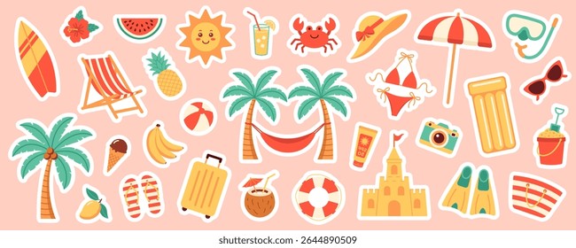 Colorful summer set of flat vector cartoon stickers featuring beach icons, fruits, sun, swimsuit, palm trees, drinks, and vacation symbols on pink isolated background. Elements for scrapbooking.