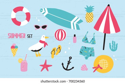 Colorful summer set with hand drawn elements: pineapple, ice cream, seagull, surfboard, ball, swimwear, hat, beach umbrella, sunglasses, lifebuoy, starfish, drink, flip flops, anchor.