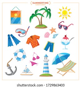 Colorful summer set with so many cute elements such as coconut trees, sunglasses, floral shirts, swimwear, diving equipment, beach chairs and cold drinks.