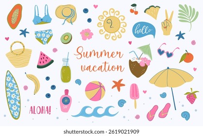 Colorful Summer set. Travel destination elements. Beach vacations clip art. Marine collection of Summer holidays. Hand drawn flat design vector illustrations for stickers, textile, social media.