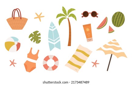 Colorful summer set:bag,starfish,palm tree,sunglasses,watermelon,ball,lifebuoy,bikini,monstera,blanket,umbrella,surfboard,sunscreen.Vector illustration cartoon flat style.