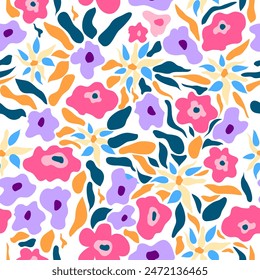 colorful summer and spring floral hand drawn seamless pattern. Blue, yellow, pink, purple and orange colored hand drawn floral seamless pattern