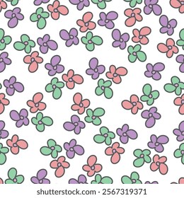 colorful summer and spring floral hand drawn seamless pattern. Blue, yellow, pink, purple and orange colored hand drawn floral seamless pattern