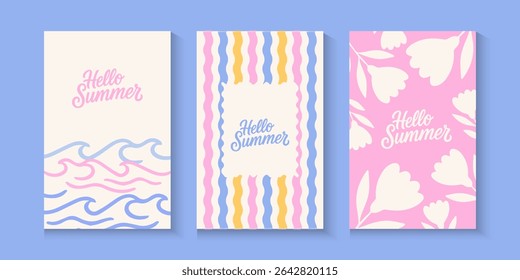 Colorful summer, spring with minimalist line borders, postage stamp Vintage hand drawn frames with. Italian summer vacation aesthetic template for poster, invitation, cards, banner with copy space.