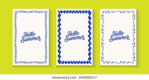 Colorful summer, spring with minimalist line borders, postage stamp Vintage hand drawn frames with. Italian summer vacation aesthetic template for poster, invitation, cards, banner with copy space.