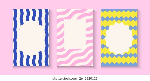 Colorful summer, spring with minimalist line borders, postage stamp Vintage hand drawn frames with. Italian summer vacation aesthetic template for poster, invitation, cards, banner with copy space.