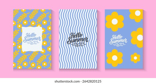 Colorful summer, spring with minimalist line borders, postage stamp Vintage hand drawn frames with. Italian summer vacation aesthetic template for poster, invitation, cards, banner with copy space.