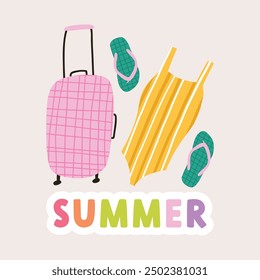 Colorful summer sticker - cartoon flat vector illustration isolated on beige background. Summer vacation - suitcase, swimwear and flip flops.