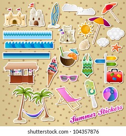 Colorful Summer Stickers with beach ball, sun, clouds, surf boat, sand castles, popsicles and many other isolated beach objects.