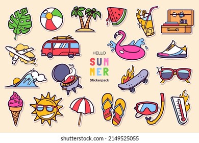 Colorful Summer stickers set in cartoon style. Summer holidays design elements - accessories, tropical plants, beach items, travel and sports objects, etc. Vector illustration