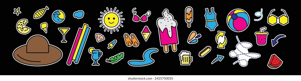 Pegatinas de verano coloridas en estilo de dibujos animados. Elementos de diseño de vacaciones de verano - accesorios, plantas tropicales, artículos de playa y objetos deportivos, etc. Ilustración de vector