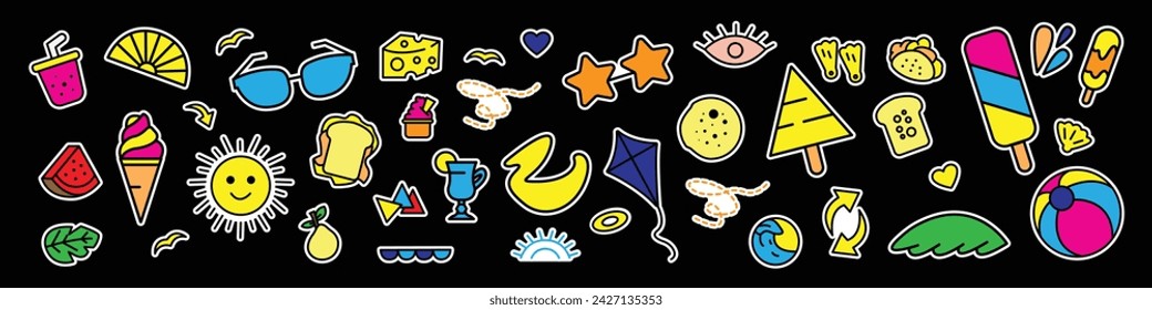 Colorful Summer stickers set in cartoon style. Summer holidays design elements - accessories, tropical plants, beach items and sports objects, etc. Vector illustration