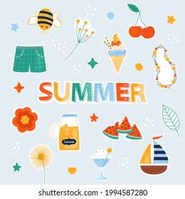 Colorful Summer stickers set. Doodle colorful summer collection with cute icons. Perfect for the design of mugs, gifts, textiles, cards, banners, posters, web and more