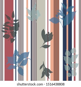 Colorful summer stripe Seamless print on Hand Drawn silhouette flower and leaves Pattern vector design for fashion , fabric, wallpaper, and all prints - Vektör