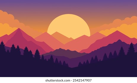 Colorful summer sunrise in the foggy mountains flat vector illustration Nature background