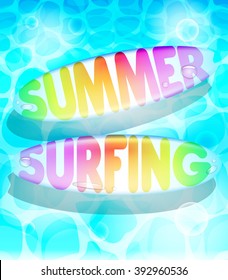 Colorful Summer Surfing Design with Floating Surfboards  in Water Background. Vector Illustration
