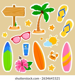 Colorful summer surfing sticker set for kids. Beach sports and sea island vacations sticker sheet set with surfboards. Cute funny sticker sheet, planner and scrapbook. Vector illustration