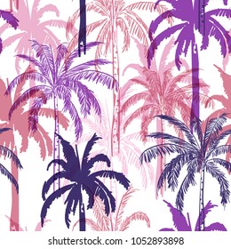 Colorful  summer sweet color palm trees on the white  forest  background. Vector seamless pattern. Tropical illustration. Jungle foliage for fashion and all prints