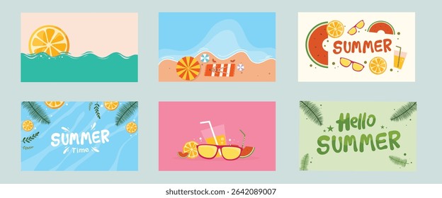 A colorful summer themed background bundle with tropical elements like fruits drinks waves and bright typography