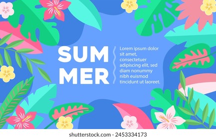 A colorful summer themed banner with bright tropical foliage and flowers framing a bold central message. Vector illustration.