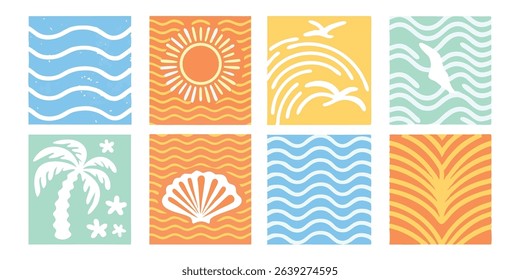 Colorful summer themed pattern set featuring waves palm tree shell and other beach related elements in unique designs
