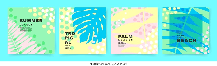Colorful Summer time Background set. Theme of Travel, Vacation and Beach. Editable vector templates with tropical palm leaves for poster, banner, cover, card, summer Sale, social media post