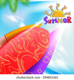 Colorful Summer Title with a Decorative Surfboards in a Bright Beach Background including Clouds and Leaves. Vector Illustration
