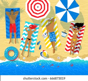 Colorful summer top view vector illustration of people resting under parasols on beach sand near sea surf.