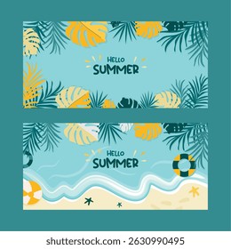 Colorful summer and travel background. Features vacation and beach concepts. Editable vector templates with tropical nature elements for use in posters and banners.