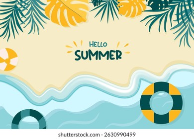 Colorful summer and travel background. Features vacation and beach concepts. Editable vector templates with tropical nature elements for use in posters and banners.