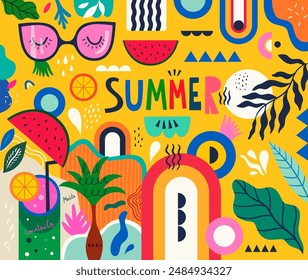 Colorful summer trendy vector illustration. Illustration with summer drinks: lemonades, cocktails.
