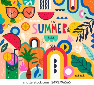 Colorida Ilustración vectorial de moda de verano. Ilustración con bebidas de verano: limonadas, cócteles.	
