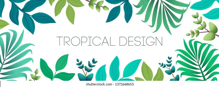 Colorful summer tropical background with exotic palm leaves and flowers. Horizontal banner, cover. Vector floral background.