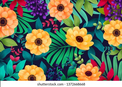Colorful summer tropical background with exotic palm leaves and hibiscus flowers. Vector floral background.