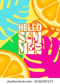 Colorful summer tropical background, tropical palm leaves and orange fruit. Summertime creative design for poster and card. Vector illustration. ( original illustration, not AI-generated ).