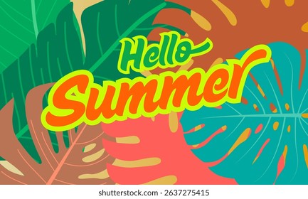 Colorful summer tropical background, tropical palm leaves. Summertime creative design for poster and card. Vector illustration. ( original illustration, not AI-generated ).