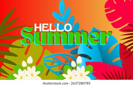 Colorful summer tropical background, tropical palm leaves. Summertime creative design for poster and card. Vector illustration. ( original illustration, not AI-generated ).
