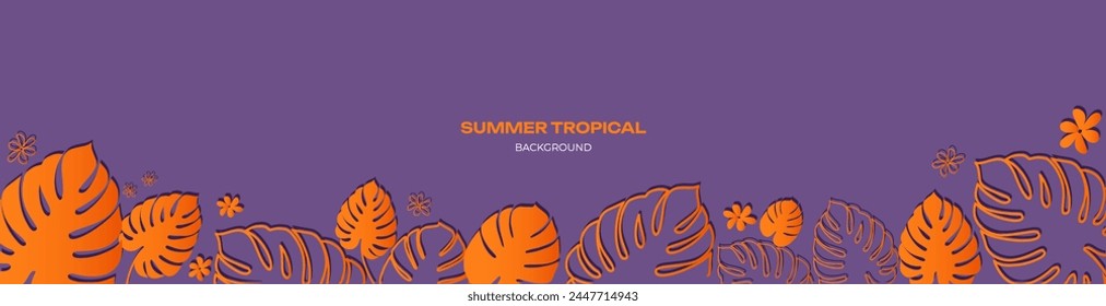 Colorful summer tropical banner with monstera leaves. Tropical background. Vector illustration in purple and orange color