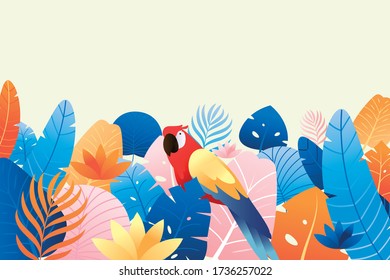 Colorful Summer Tropical Bush Background with a Parrot