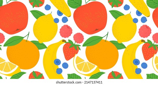 Colorful summer tropical fruit seamless pattern illustration. Modern flat cartoon organic fruits falling on white background. Fresh salad ingredient: apple, orange, banana, lemon, berry and more.