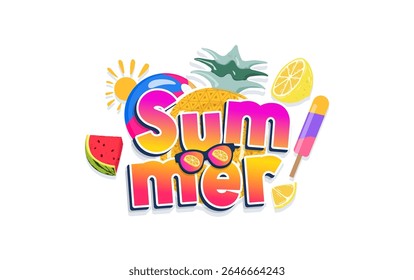 Colorful summer typography illustration with fruits and sunshine. Featuring pineapple, watermelon, lemon, popsicle, and sun icon. Perfect for summer events, kids’ designs, and vacation graphics