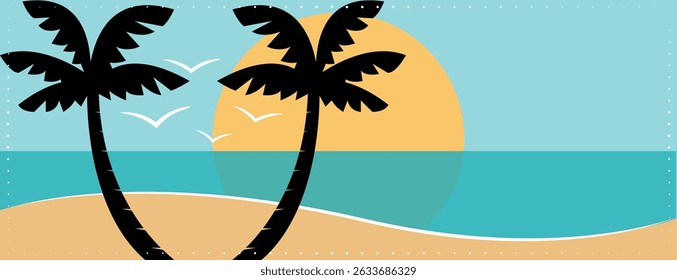 Colorful summer vacation banner with palm trees on the beach. Hand drawn vector illustration. 